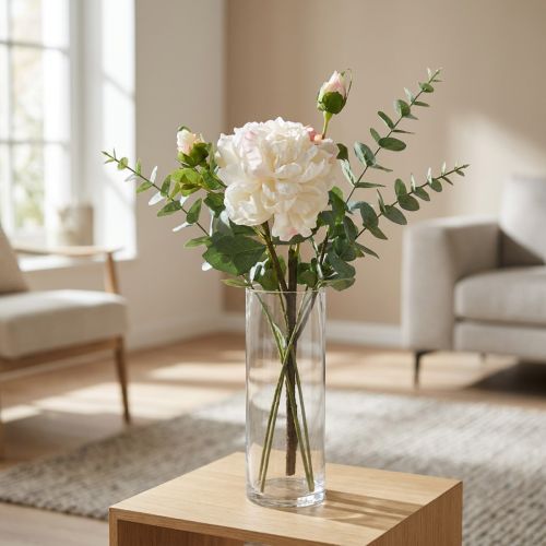 Article Rose blanche artificielle avec trois boutons, 57 cm