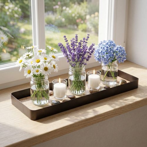Plateau rectangulaire métal et bois brûlé 40x13x3cm | Floristik24.fr
