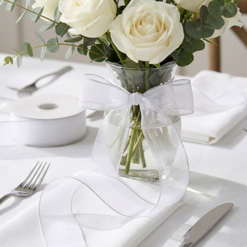 Ruban Organza Blanc Transparent avec Bordure Tissée - 50m | Floristik24.fr