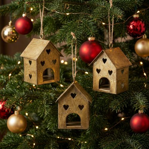 Décorations de Noël en métal doré vintage, maison, lot de 3, H 9,5 cm | Floristik24.fr