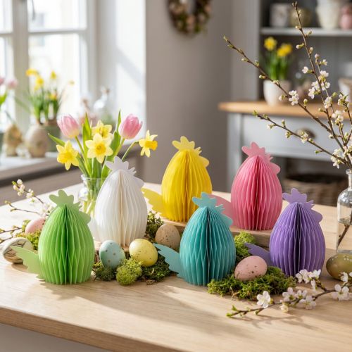 Décorations poules en papier alvéolé pastel pour Pâques - Lot de 6 | Floristik24.fr