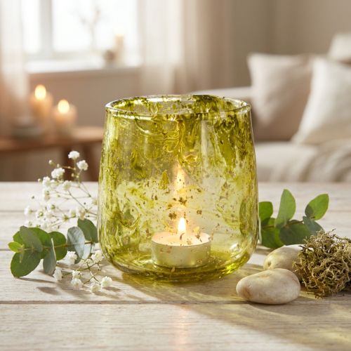 Article Photophore en verre vintage vert-jaune Ø9cm x H9,5cm