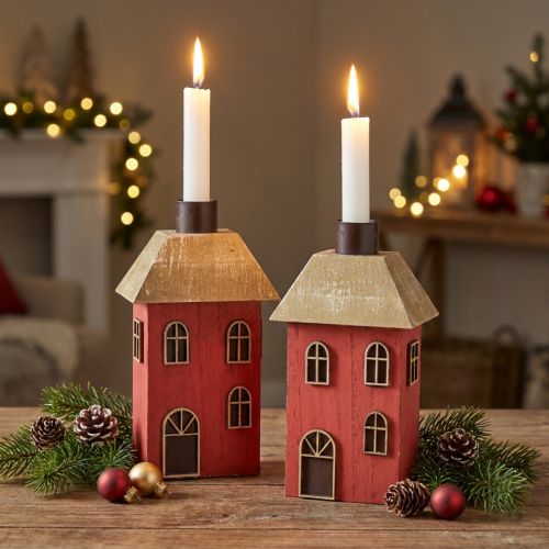 Bougeoirs Maisons en Bois Rouge pour Chandelles H14,5cm - Lot de 2 | Floristik24.fr