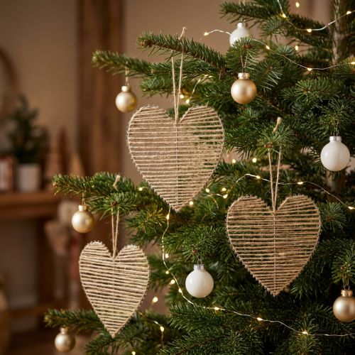Décoration cœur en jute naturelle 20 cm à suspendre - Lot de 4 | Floristik24.fr