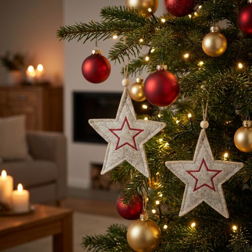 Set de 6 étoiles en feutre beige et rouge pour sapin de Noël 13 cm | Floristik24.fr