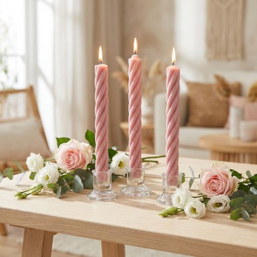 Bougies torsadées en cire teintée rose 250x28 mm - Lot de 4 | Floristik24.fr