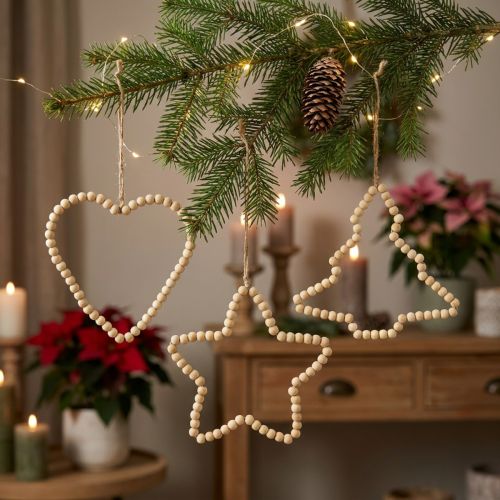 Ornements suspendus de Noël en bois – Lot de 3 formes (cœur, étoile, sapin) – Ø 1 cm – Hauteur 16/17 cm | Floristik24.fr