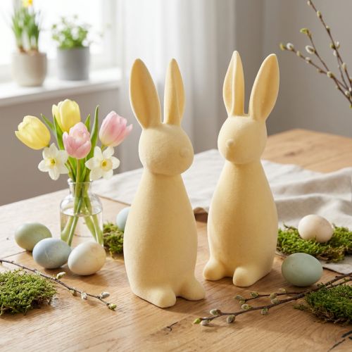 Figurines déco lapins de Pâques en plastique floqué jaune clair, 29,5 cm, lot de 2 | Floristik24.fr