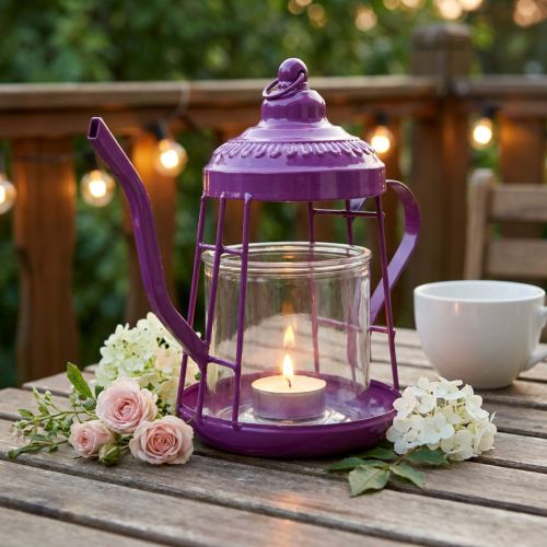 Photophore vintage en forme de théière en métal rose avec verre Ø15cm H26cm | Floristik24.fr