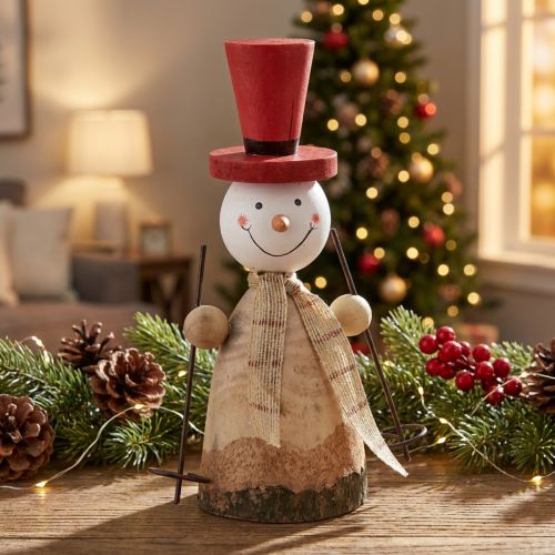 Figurine décorative en bois bonhomme de neige avec chapeau rouge H20,5 cm | Floristik24.fr