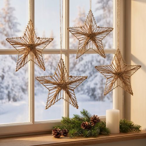 Étoiles décoratives rustiques en jute avec structure métallique - 20 cm, lot de 4 | Floristik24.fr