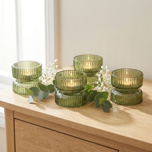 Porte-bougies chauffe-plat en verre décoratif, côtelé, vert, Ø9 cm, H7 cm, lot de 4 | Floristik24.fr