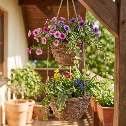Article Suspension en bois avec 2 paniers tressés Ø20 cm et Ø26 cm