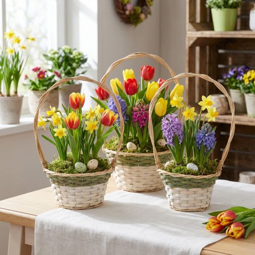 Panier à fleurs Henkel vert naturel, gris et blanc, Ø 18–26 cm, lot de 3 | Floristik24.fr