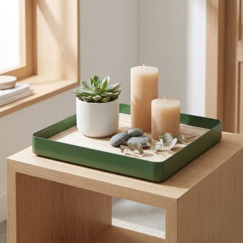 Plateau décoratif carré en métal vert avec fond en bois 25,5 x 25,5 cm | Floristik24.fr