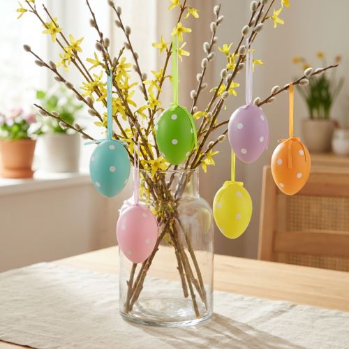 Œufs de Pâques suspendus en plastique à pois, 8 x 11,5 cm, lot de 6 | Floristik24.fr
