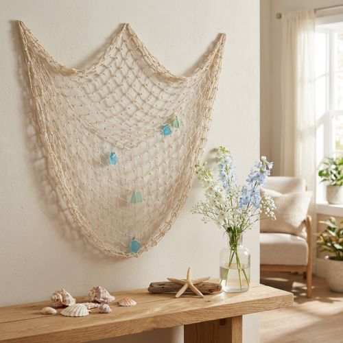 Filet de décoration marine avec coquillages et verre de mer, 100×140 cm | Floristik24.fr