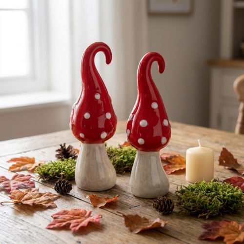 Duo de Champignons Décoratifs en Céramique Rouge et Blanc H15,5 cm | Floristik24.fr