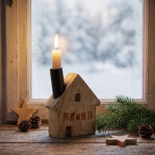 Maison décorative en bois avec porte-bougie noir - 10,5×3,5×13 cm | Floristik24.fr