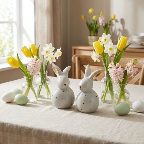 Figurines décoratives lapins de Pâques à pois noir 13 cm - Lot de 2 | Floristik24.fr