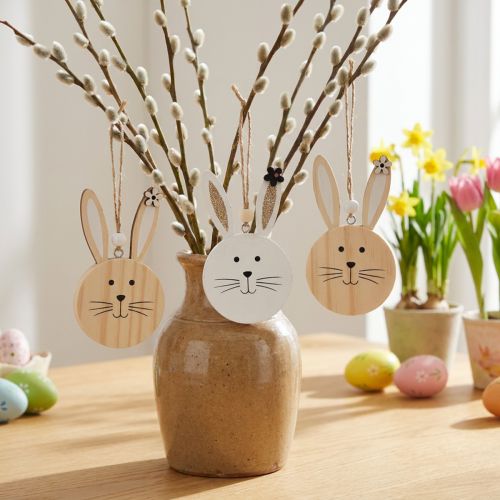 Suspensions décoratives têtes de lapin en bois naturel et blanc à suspendre – Lot de 8 | Floristik24.fr