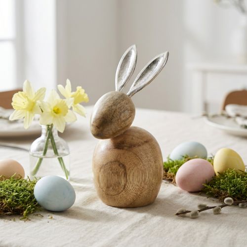 Déco Lapin en Bois et Métal Argenté pour Pâques 12,5 x 14 x 16,5 cm | Floristik24.fr