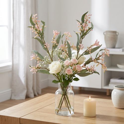 Article Eucalyptus artificiel avec feuilles et boutons roses 75 cm - Lot de 2