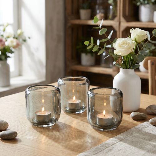 Photophores en verre gris avec décor rainuré, 8 cm, lot de 6 | Floristik24.fr