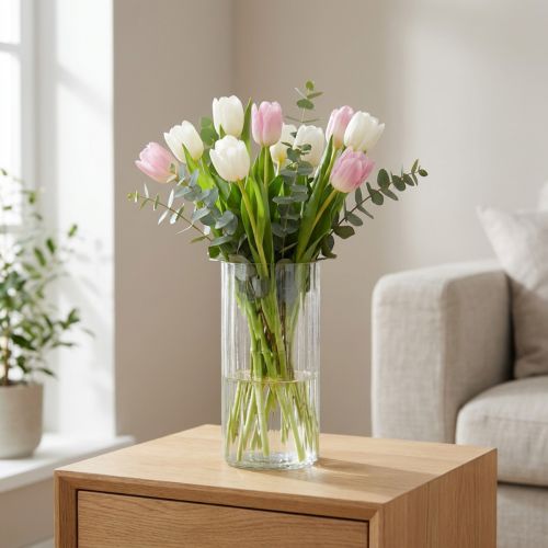 Vase en verre transparent 24 cm avec structure rainurée | Floristik24.fr