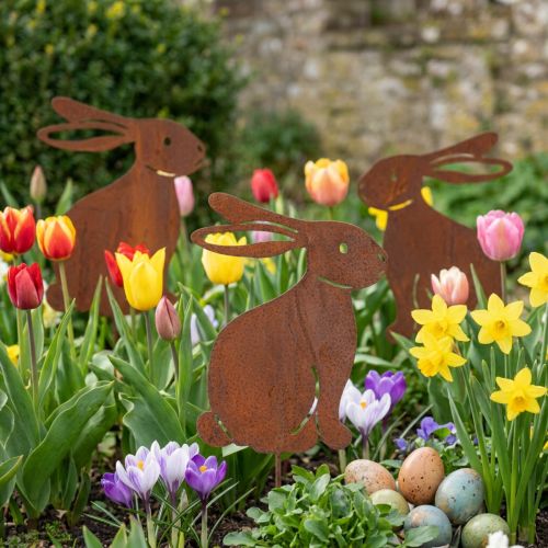 Article Décoration de Jardin Lapin en Métal Effet Rouille 80 cm - Lot de 4