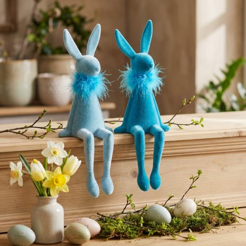 Figurines lapin en position assise pour décoration de Pâques – Duo bleu clair et bleu foncé, H27 cm | Floristik24.fr