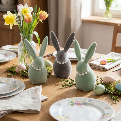 Figurines Lapins de Pâques avec Collier de Perles - Lot de 3 - Décoration Printemps 13 cm | Floristik24.fr