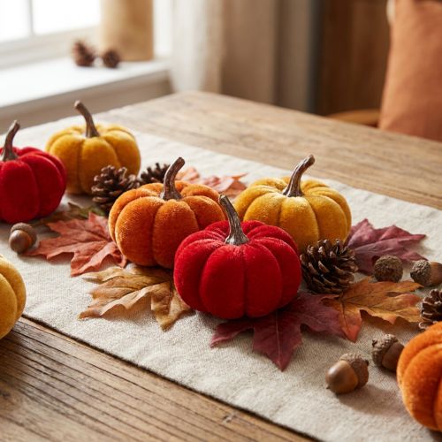 Article Set de citrouilles décoratives en velours 5 cm, 3 couleurs, lot de 12 pièces