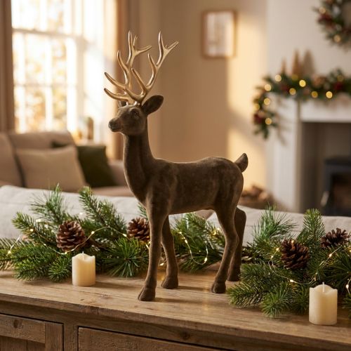 Figurine déco cerf décoratif renne floqué marron H46cm | Floristik24.fr