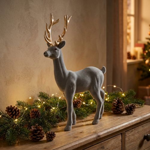 Figurine déco cerf décoratif renne floqué gris H37cm | Floristik24.fr