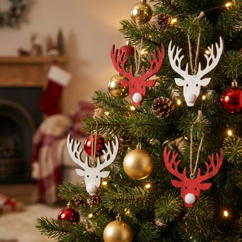 Déco Sapin Noël Tête de Renne Bois Rouge et Blanc 6,5 x 7,5 cm - Lot de 8 | Floristik24.fr
