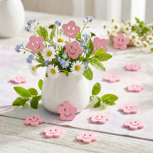Lot de 48 fleurs en bois rose avec visage 2,5 cm | Floristik24.fr