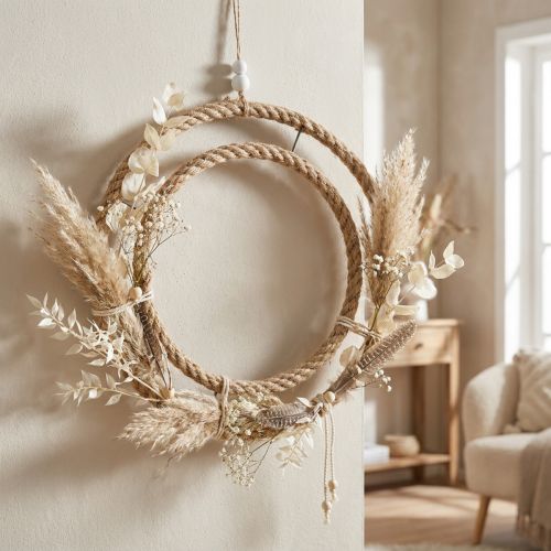 Cercle décoratif double en jute et métal, Ø41 cm, naturel et argenté | Floristik24.fr