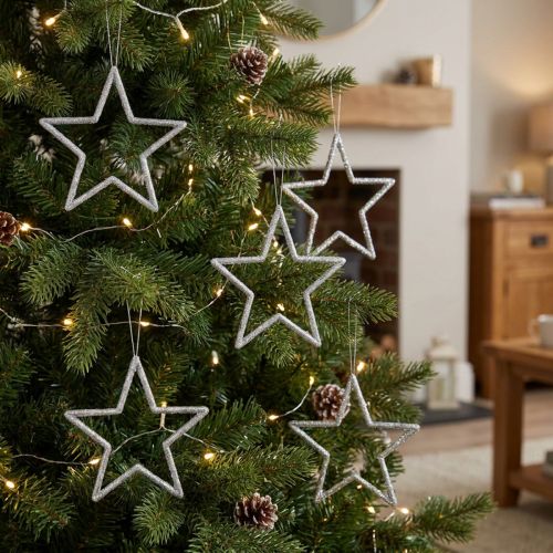 Décoration Noël Lot de 12 Étoiles Argentées en Glitter à Suspendre 12 cm | Floristik24.fr