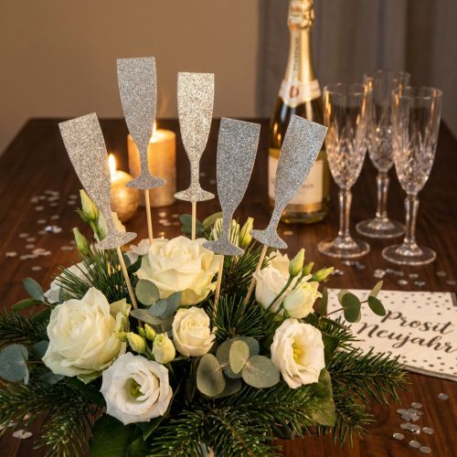 Décoration de Fleurs Bâtonnet en Forme de Flûte à Champagne Argentée 9 cm - Lot de 18 | Floristik24.fr