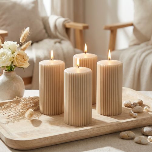 Bougies Cylindriques Beige avec Relief 70x130mm - Lot de 4 | Floristik24.fr