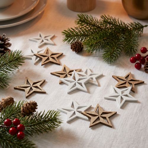 Étoiles décoratives en bois blanc et naturel 3,5 cm - Lot de 48 | Floristik24.fr