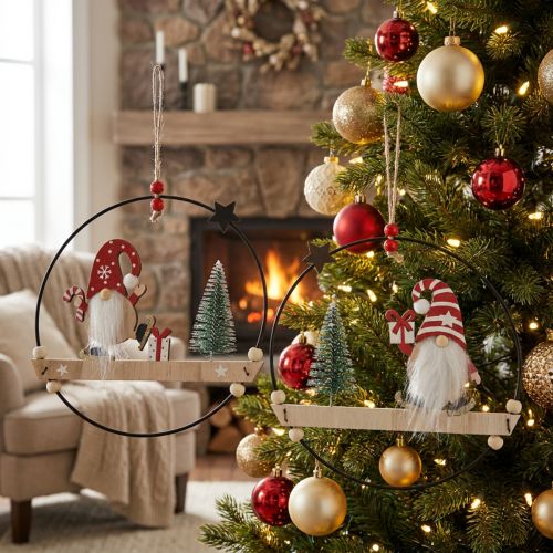 Lot de 2 décorations de Noël avec anneaux métalliques et lutins en bois Ø21,5 cm | Floristik24.fr
