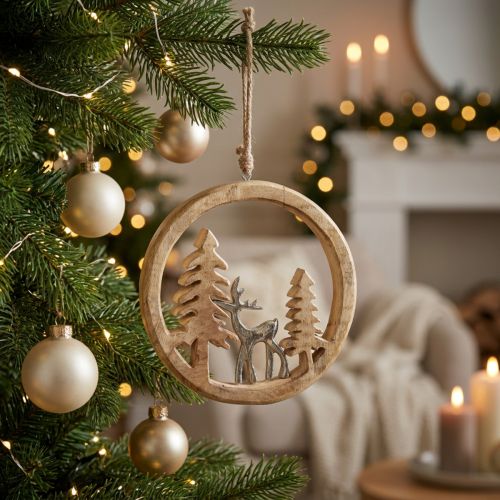 Suspension décorative en bois avec cerf et sapins – 19,5 cm | Floristik24.fr
