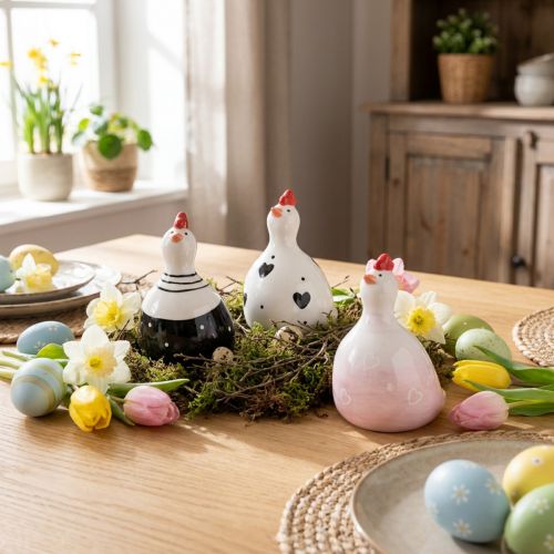 Figurines déco de Pâques en céramique – Poules et poussins – Set de 3 – 9,5 cm | Floristik24.fr