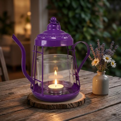 Photophore en forme de théière en métal violet avec verre Ø15cm H26cm | Floristik24.fr