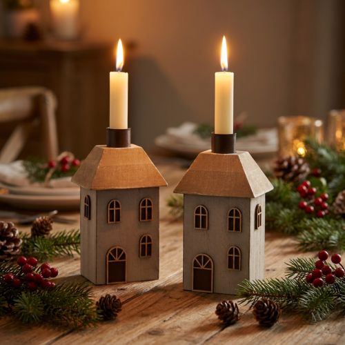 Lot de 2 bougeoirs maison en bois pour bougies chandelles 14,5 cm | Floristik24.fr