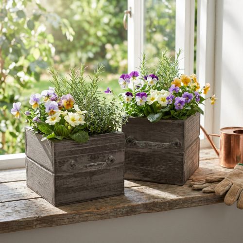 Lot de 2 bacs à plantes en bois aspect tiroir – Ton gris-brun – Différentes tailles | Floristik24.fr