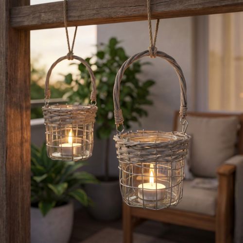 Article Lot de 2 photophores suspendus en verre, métal et osier – Ø 13 cm x H 12 cm