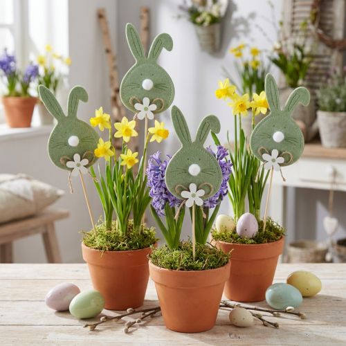 Lot de 12 piques en bois avec lapin en feutre vert pour décoration de printemps et de Pâques | Floristik24.fr